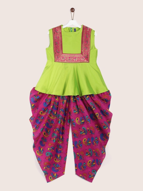 

YK Girls Green & Pink Printed Kurta with Patiala