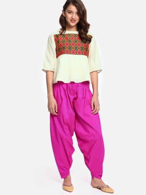 

YK Girls Off-White & Pink Embroidered Kurti with Salwar
