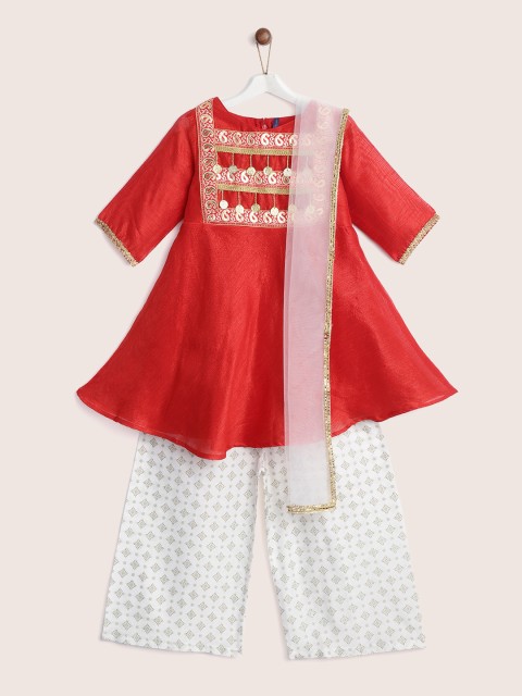 

YK Girls Red & White Yoke Design Kurta with Palazzos & Dupatta