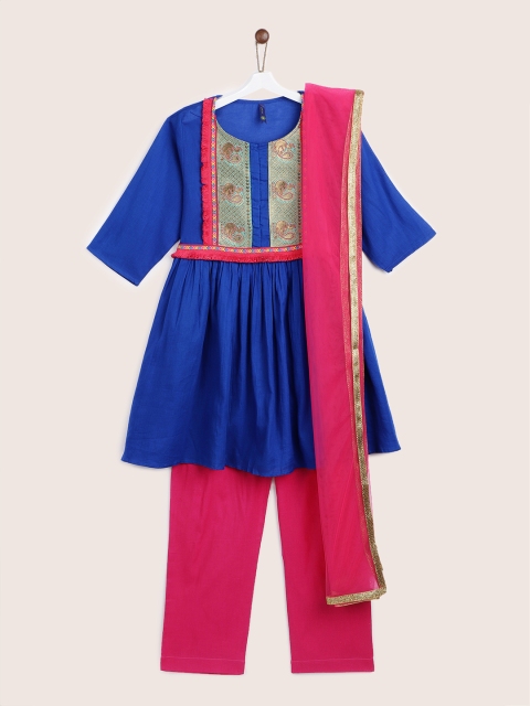 

YK Girls Blue & Pink Yoke Design Kurta with Trousers & Dupatta