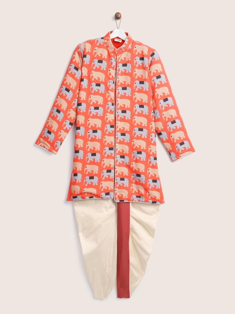 

YK Boys Coral & Off-White Printed Kurta with Dhoti Pants