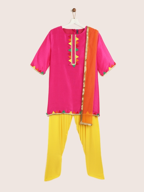 

YK Girls Pink & Yellow Solid Kurta with Salwar & Dupatta