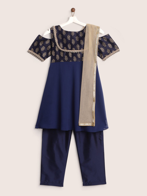 

YK Girls Navy Blue & Golden Printed Cold Shoulder Kurta with Trousers & Dupatta