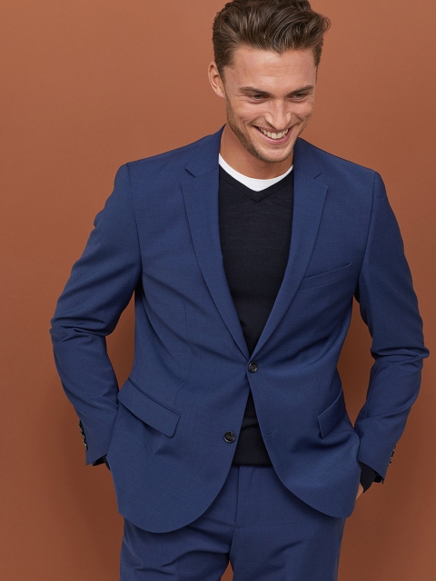 

H&M Men Blue Solid Wool Blend Blazer Regular Fit