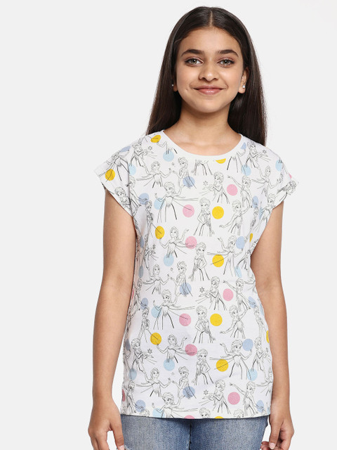 

YK Disney Girls White Elsa Printed Round Neck T-shirt