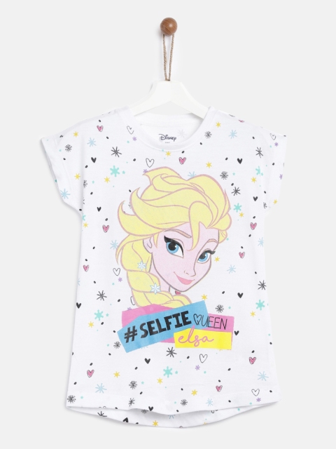 

YK Disney Girls White Elsa Printed Round Neck T-shirt