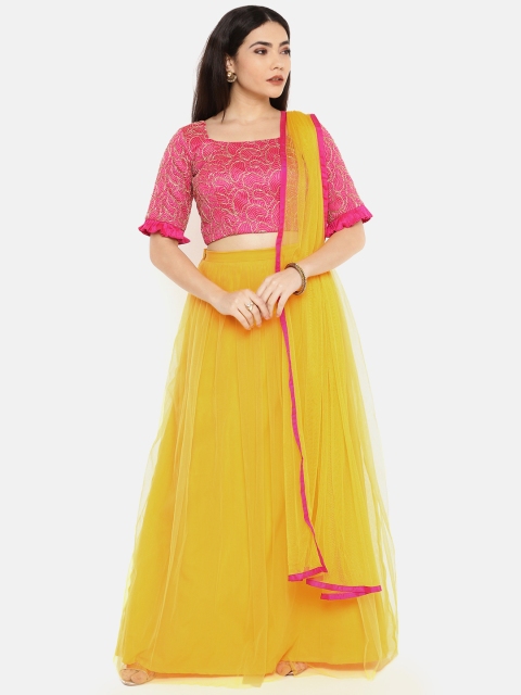 

Amabelle Bridals Fuchsia & Yellow Embroidered Made to Measure Lehenga & Blouse with Dupatta