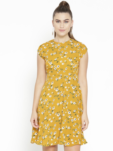 

Uptownie Lite Women Mustard Yellow & Off-White Floral Print A-Line Dress