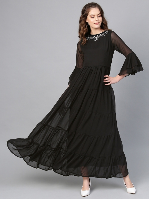 

Rain & Rainbow Women Black Solid Tiered Maxi Dress