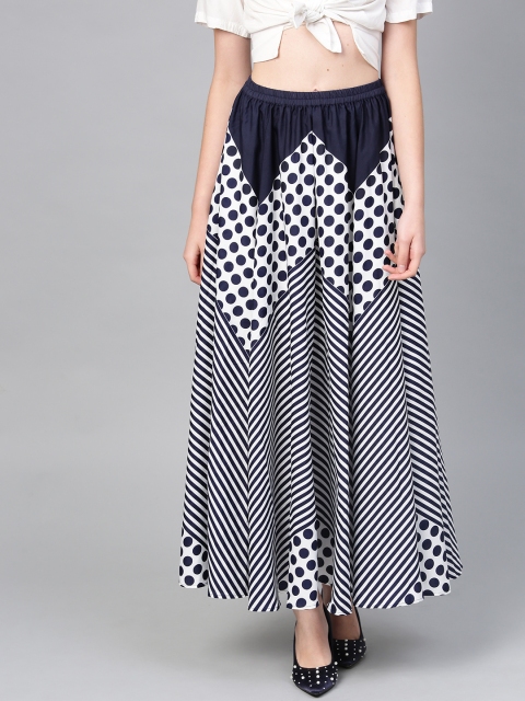 

Rain & Rainbow Women White & Navy Blue Printed Maxi Flared Skirt