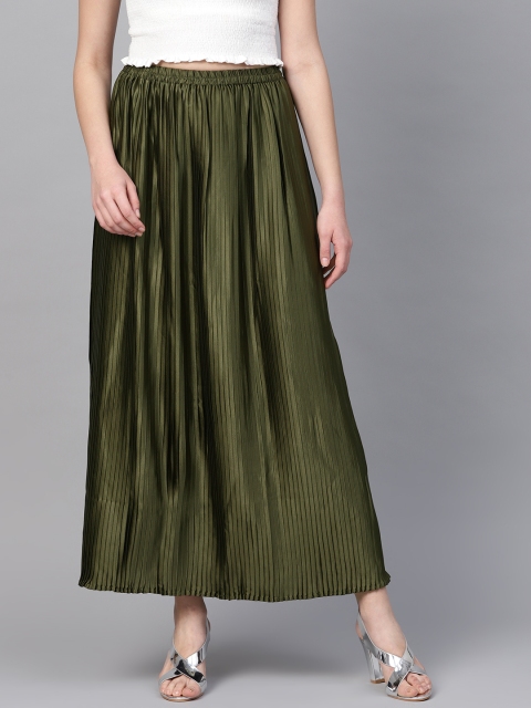 

Rain & Rainbow Women Olive Green Solid Satin Finish Accordion Pleated Maxi Skirt