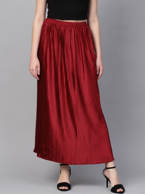 

Rain & Rainbow Women Maroon Solid Satin Finish Accordion Pleated Maxi Skirt