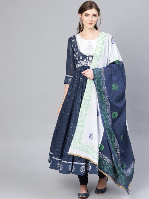 

Rain & Rainbow Women Navy Blue & White Yoke Design Kurta with Churidar & Dupatta