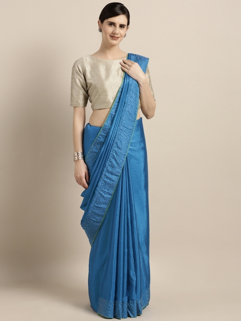

GoSriKi Blue Silk Blend Solid Kanjeevaram Saree