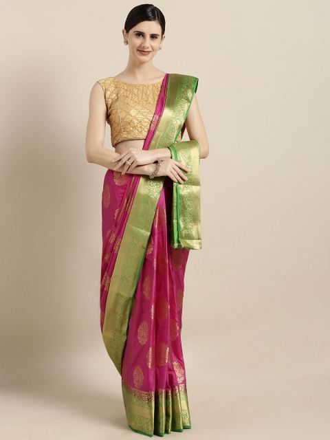

GoSriKi Fuchsia & Gold-Coloured Silk Blend Woven Design Kanjeevaram Saree