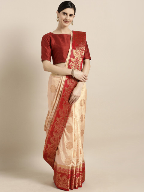 

GoSriKi Cream-Coloured & Red Woven Design Kanjeevaram Saree