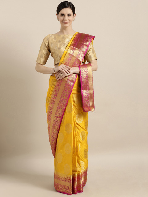 

GoSriKi Yellow & Pink Silk Blend Woven Design Kanjeevaram Saree