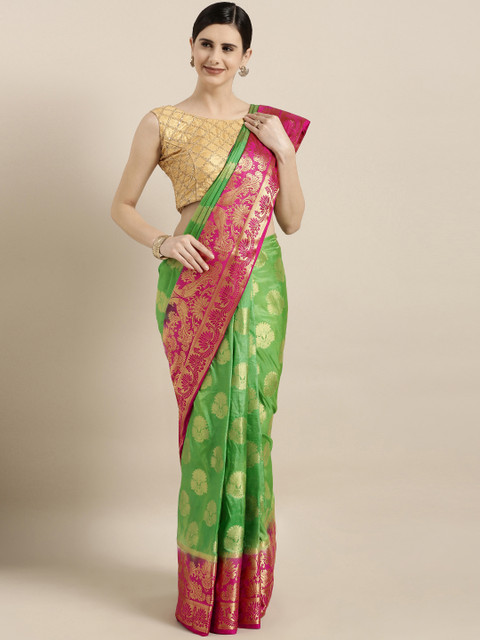 

GoSriKi Green Silk Blend Printed Kanjeevaram Saree