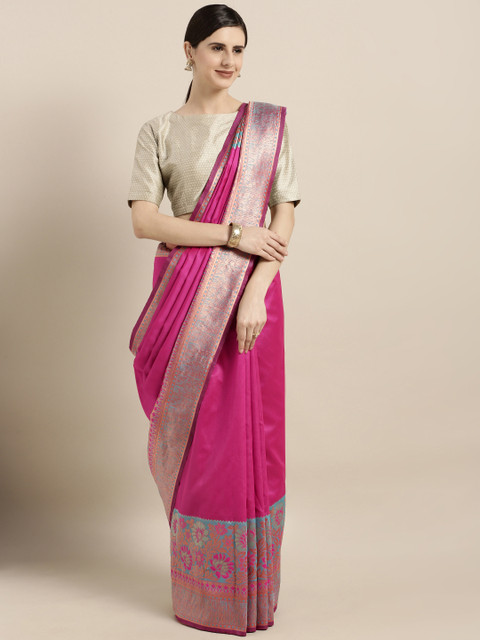 

GoSriKi Pink & Teal Blue Silk Blend Solid Banarasi Saree