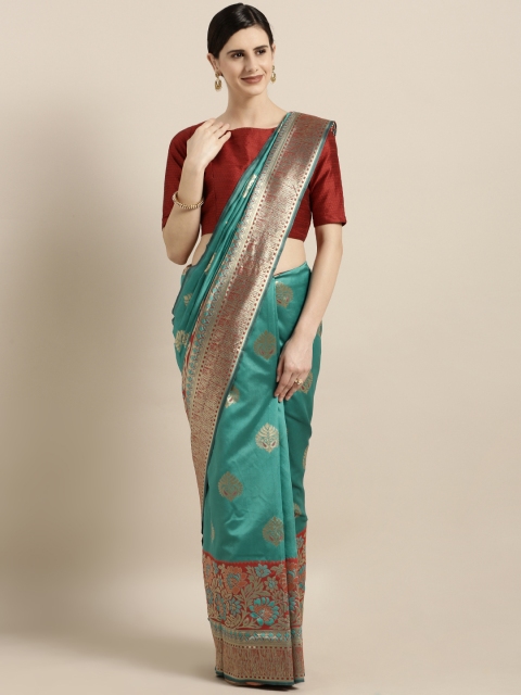 

GoSriki Teal Green & Red Silk Blend Woven Design Banarasi Saree