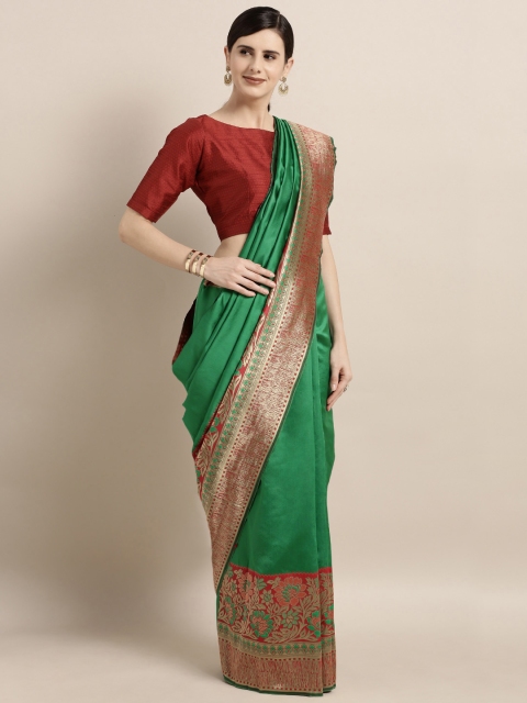 

GoSriKi Green & Golden Silk Blend Solid Kanjeevaram Saree