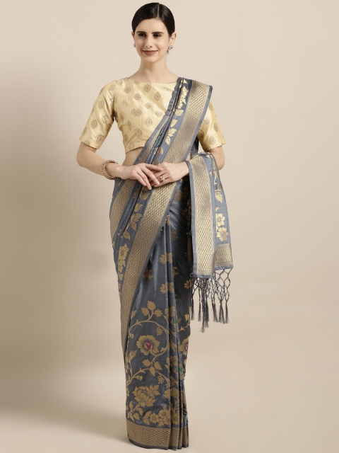 

GoSriKi Grey & Gold-Coloured Silk Blend Woven Design Kanjeevaram Saree