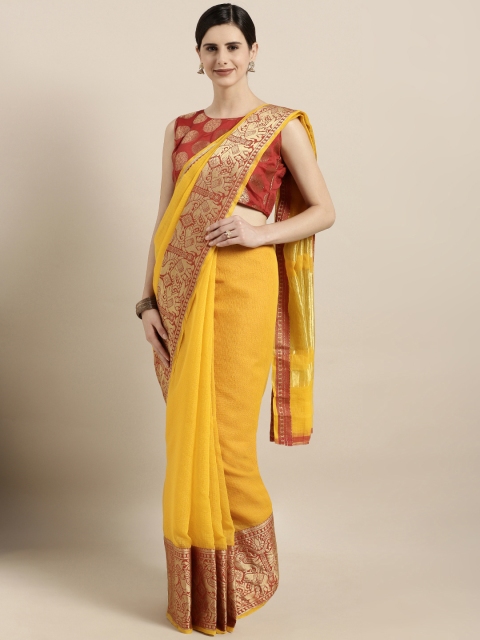 

GoSriKi Mustard Yellow & Red Art Silk Solid Kota Saree