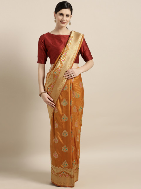 

GoSriKi Mustard Yellow Silk Blend Woven Design Kanjeevaram Saree