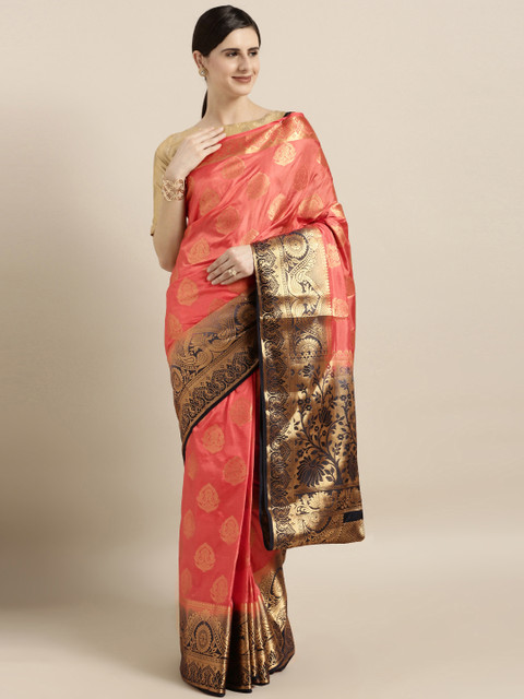 

GoSriKi Orange & Navy Blue Silk Blend Woven Design Kanjeevaram Saree