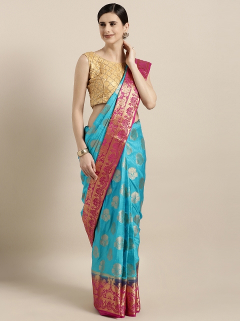 

GoSriKi Blue Silk Blend Printed Kanjeevaram Saree