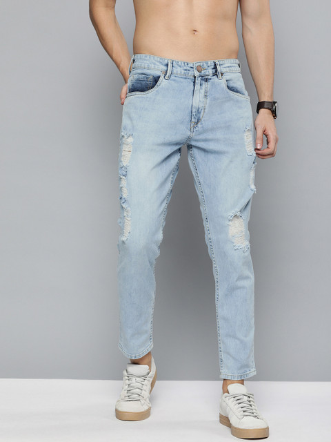 

HERE&NOW Men Blue Slim Fit Mid-Rise Highly Distressed Stretchable Cropped Jeans