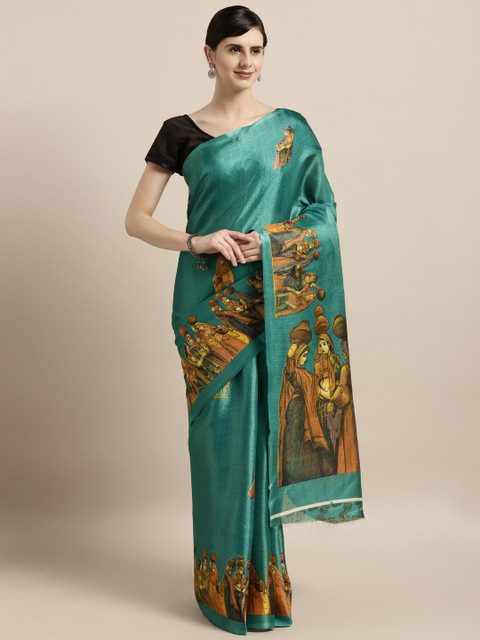 

GoSriKi Green Printed Cotton Blend Saree