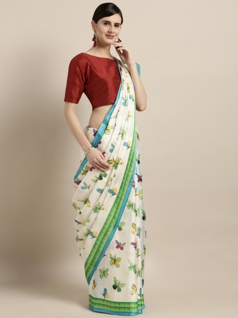 

GoSriKi Off-White & Green Silk Cotton Printed Saree