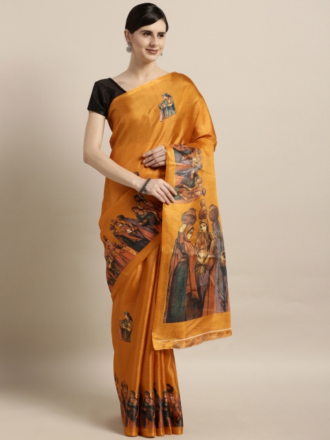 

GoSriKi Mustard Yellow Printed Cotton Blend Saree