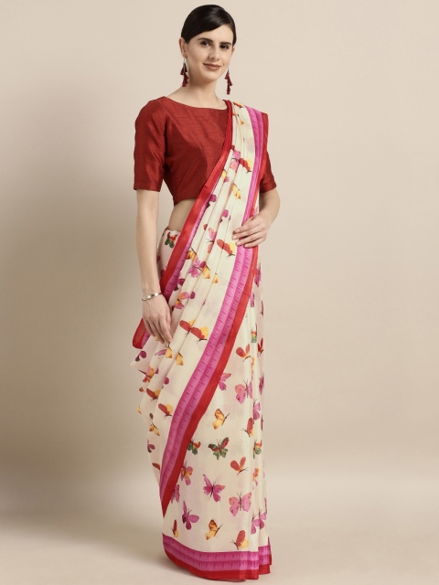 

GoSriKi Off-White & Red Silk Cotton Printed Saree