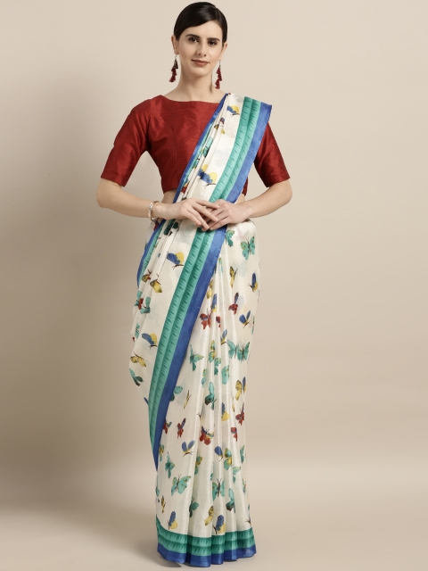 

KALINI Off-White & Blue Silk Cotton Printed Saree