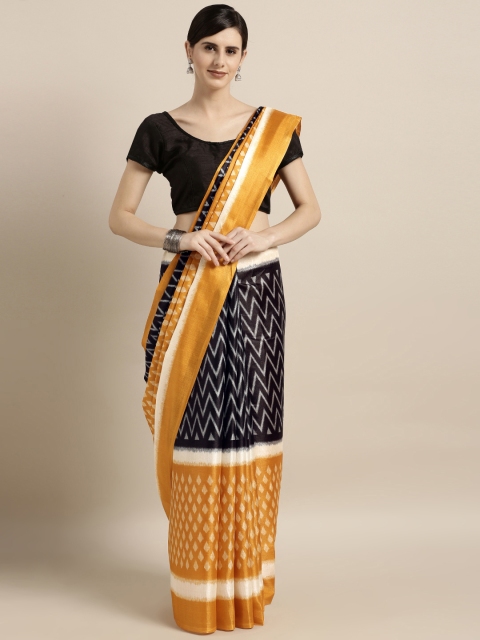 

GoSriKi Mustard Yellow & Black Silk Cotton Colourblocked Saree