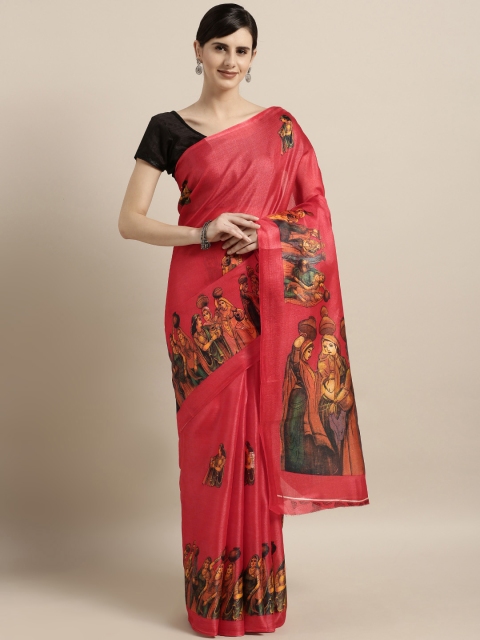 

GoSriKi Pink Printed Cotton Blend Saree