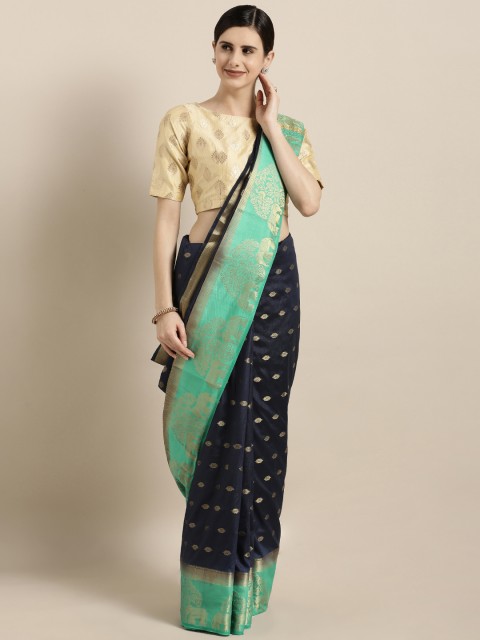 

GoSriKi Navy Blue & Green Silk Blend Woven Design Kanjeevaram Saree