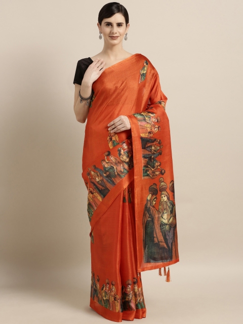 

GoSriKi Orange Printed Cotton Blend Saree