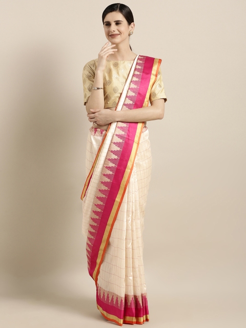 

GoSriKi Off-White & Pink Silk Cotton Woven Design Checked Saree