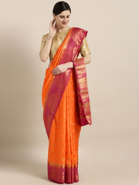 

GoSriKi Coral Orange & Magenta Pink Silk Blend Woven Design Kanjeevaram Saree