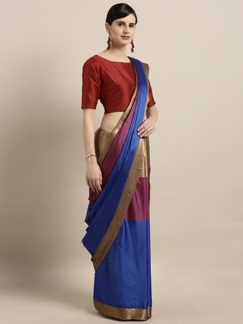 

GoSriKi Blue & Maroon Silk Blend Colourblocked Saree