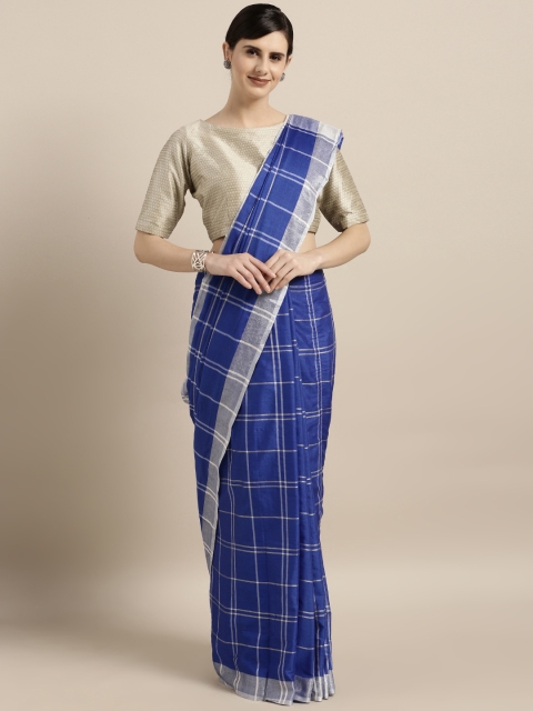 

GoSriKi Blue & Grey Linen Blend Checked Saree