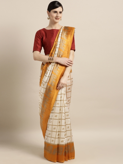 

GoSriKi Off-White & Mustard Silk Blend Checked Saree