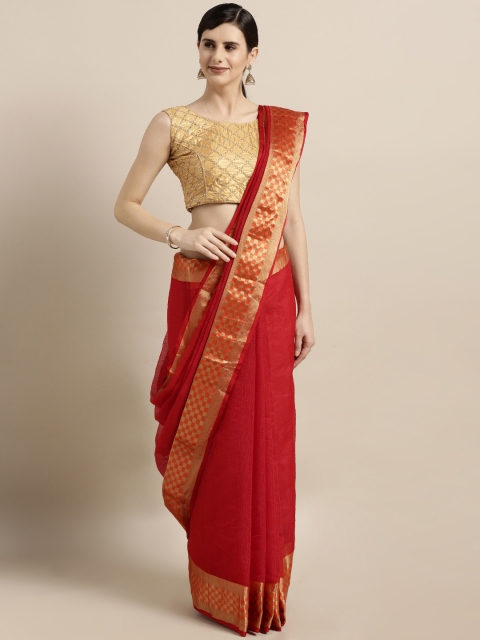 

GoSriKi Red Cotton Blend Solid Kota Doriya Saree