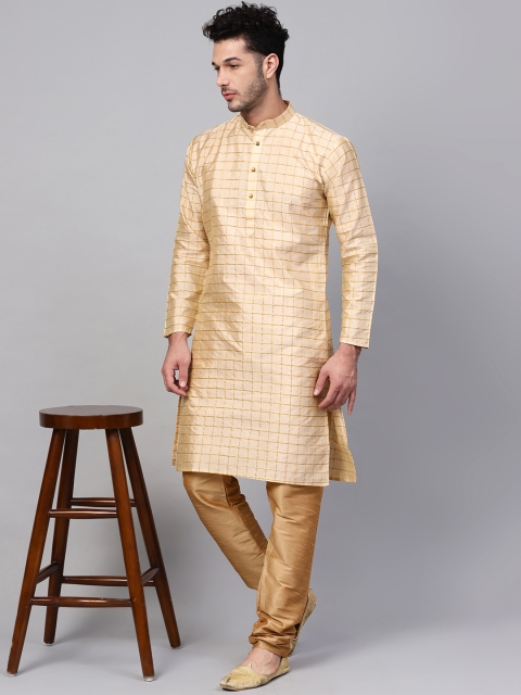 

SOJANYA Men Beige & Golden Self Checked Kurta with Churidar
