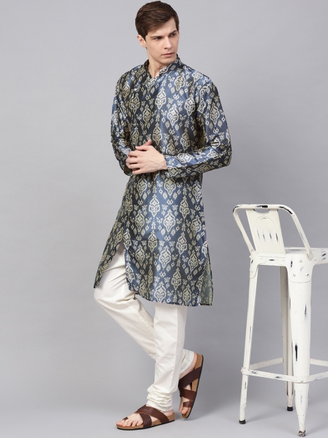 

SOJANYA Men Blue & Off-White Printed Angrakha Straight Kurta with Churidar