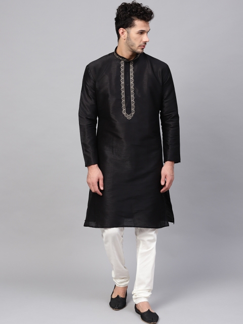 

SOJANYA Men Black & Off-White Embroidered Kurta with Churidar