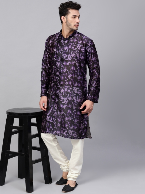 

SOJANYA Men Purple & Off-White Printed Angrakha Kurta with Churidar